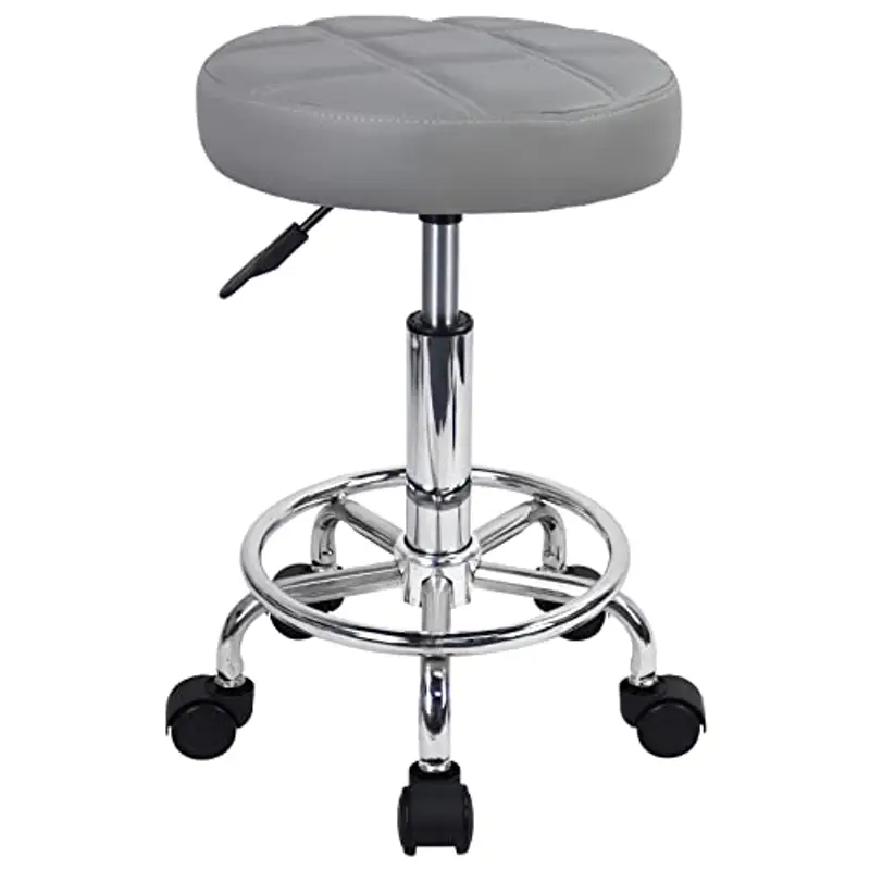 KKTONER Sgabello Rotondo con Ruote Regolabile, Sedia da Lavoro Imbottita con Cuscino in Pelle, Piccolo e Confortevole, per Casa, Parrucchiere, Ufficio, Studio Grigio