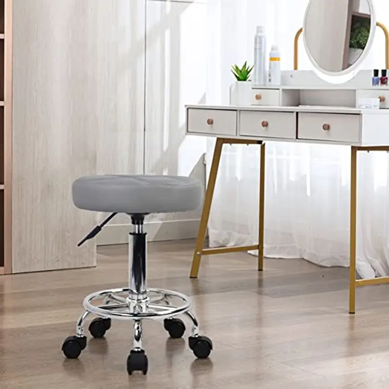 KKTONER Sgabello Rotondo con Ruote Regolabile, Sedia da Lavoro Imbottita con Cuscino in Pelle, Piccolo e Confortevole, per Casa, Parrucchiere, Ufficio, Studio Grigio miniatura 2