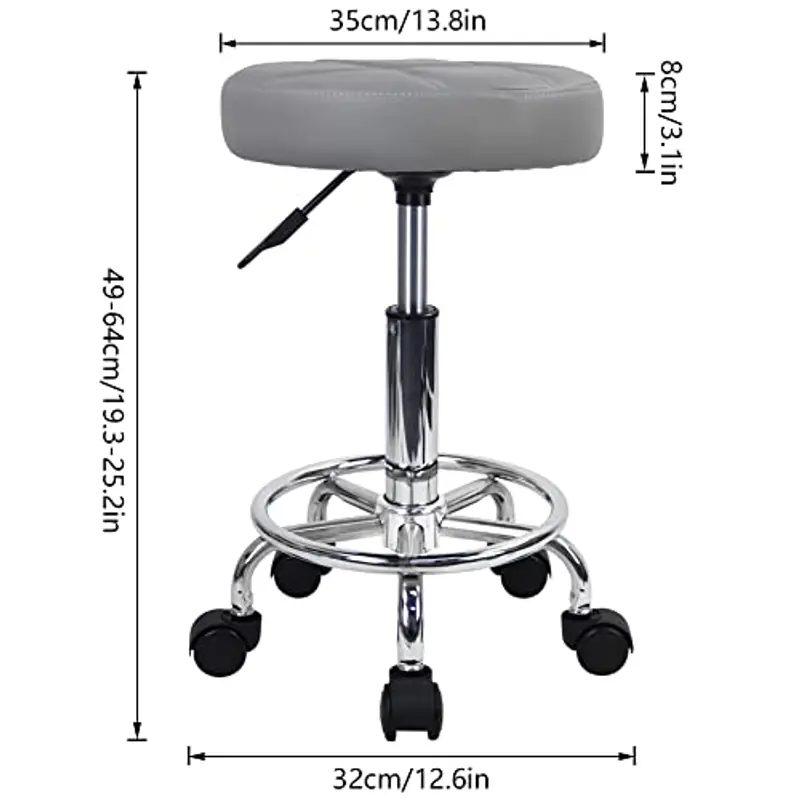 KKTONER Sgabello Rotondo con Ruote Regolabile, Sedia da Lavoro Imbottita con Cuscino in Pelle, Piccolo e Confortevole, per Casa, Parrucchiere, Ufficio, Studio Grigio miniatura 3