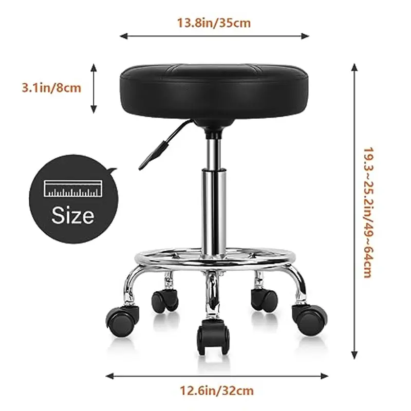KKTONER Sgabello Rotondo con Ruote Regolabile, Sedia da Lavoro Imbottita con Cuscino in Pelle, Piccolo e Confortevole, per Casa, Parrucchiere, Ufficio, Studio Nero miniatura 3