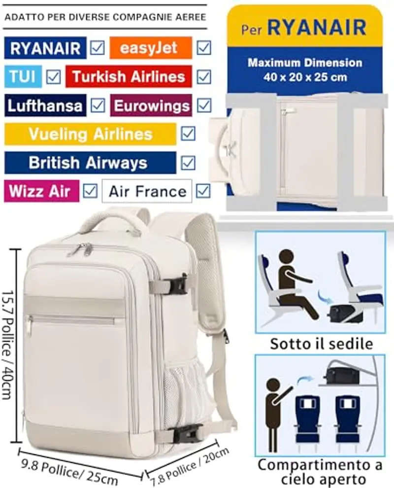 KLOSTAIN Zaino Ryanair 40x20x25 da Viaggio Aereo Bagaglio a Mano 20L Borsa da Cabina per Uomo e Donna, Lavoro, Trekking, Scuola, 14 Pollici Porta PC Dayback Beige miniatura 2