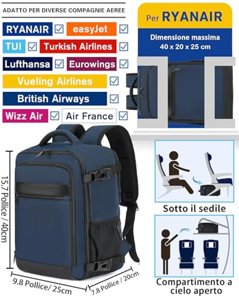 KLOSTAIN Zaino Ryanair 40x20x25 da Viaggio Aereo Bagaglio a Mano 20L Borsa da Cabina per Uomo e Donna, Lavoro, Trekking, Scuola, 14 Pollici Porta PC Dayback Blu Profondo miniatura 2