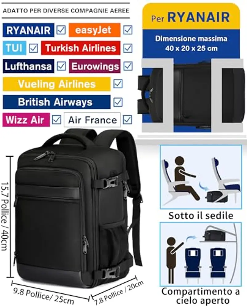 KLOSTAIN Zaino Ryanair 40x20x25 da Viaggio Aereo Bagaglio a Mano 20L Borsa da Cabina per Uomo e Donna, Lavoro, Trekking, Scuola, 14 Pollici Porta PC Dayback Nero miniatura 2