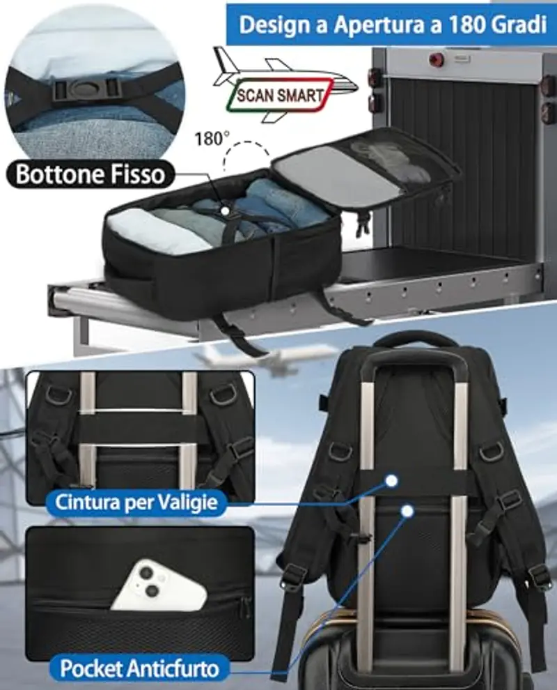 KLOSTAIN Zaino Ryanair 40x20x25 da Viaggio Aereo Bagaglio a Mano 20L Borsa da Cabina per Uomo e Donna, Lavoro, Trekking, Scuola, 14 Pollici Porta PC Dayback Nero miniatura 3