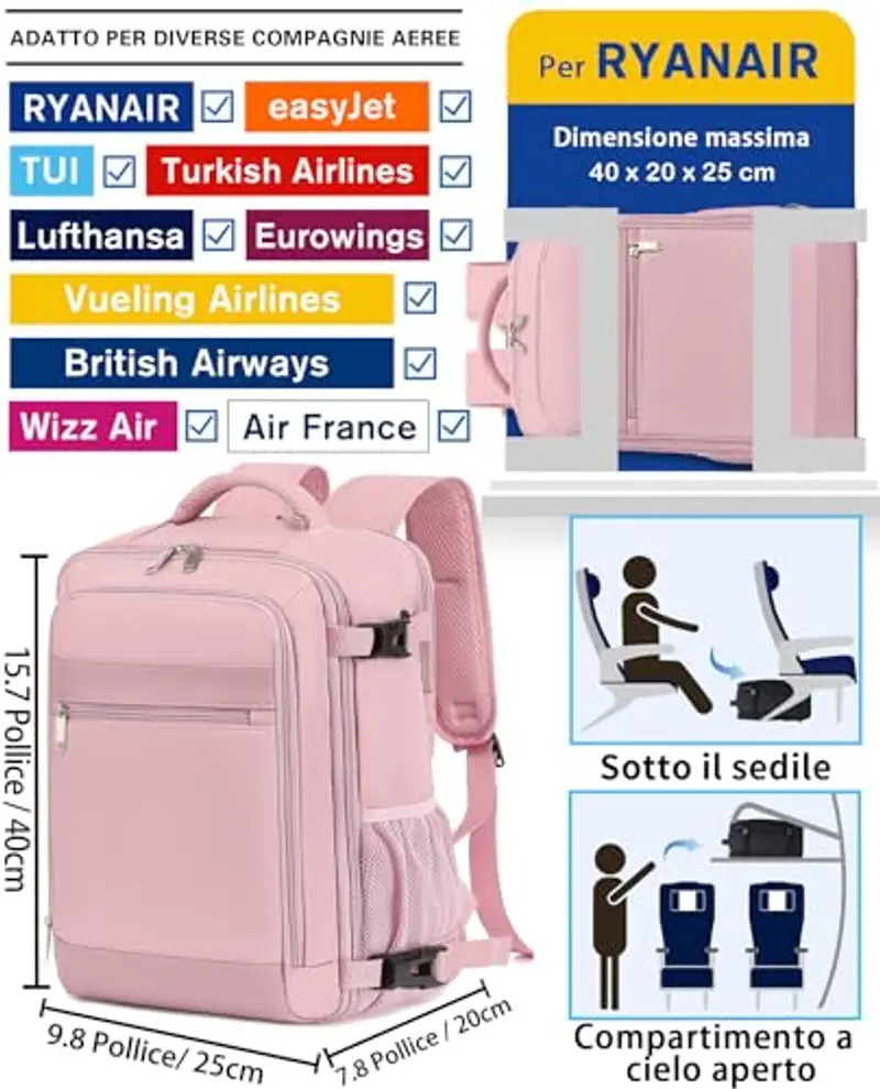 KLOSTAIN Zaino Ryanair 40x20x25 da Viaggio Aereo Bagaglio a Mano 20L Borsa da Cabina per Uomo e Donna, Lavoro, Viaggio, Trekking, Scuola, 14 Pollici Porta PC Dayback Rosa miniatura 2