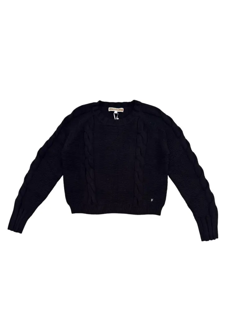 maglia nera bambina in misto viscosa con intreccio mini logo sul fondo