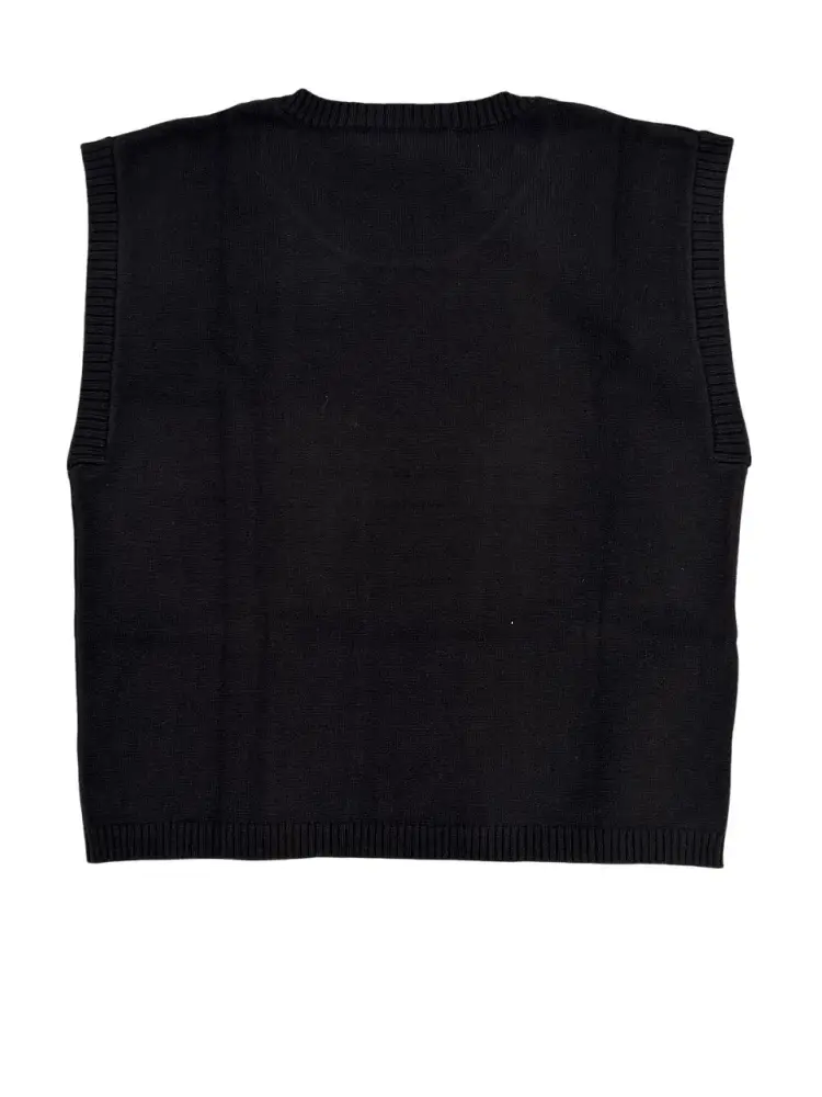 maglia nera bambina smanicata in misto viscosa mini logo sul fondo miniatura 2