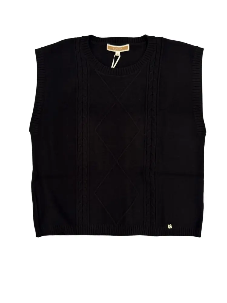 maglia nera bambina smanicata in misto viscosa mini logo sul fondo