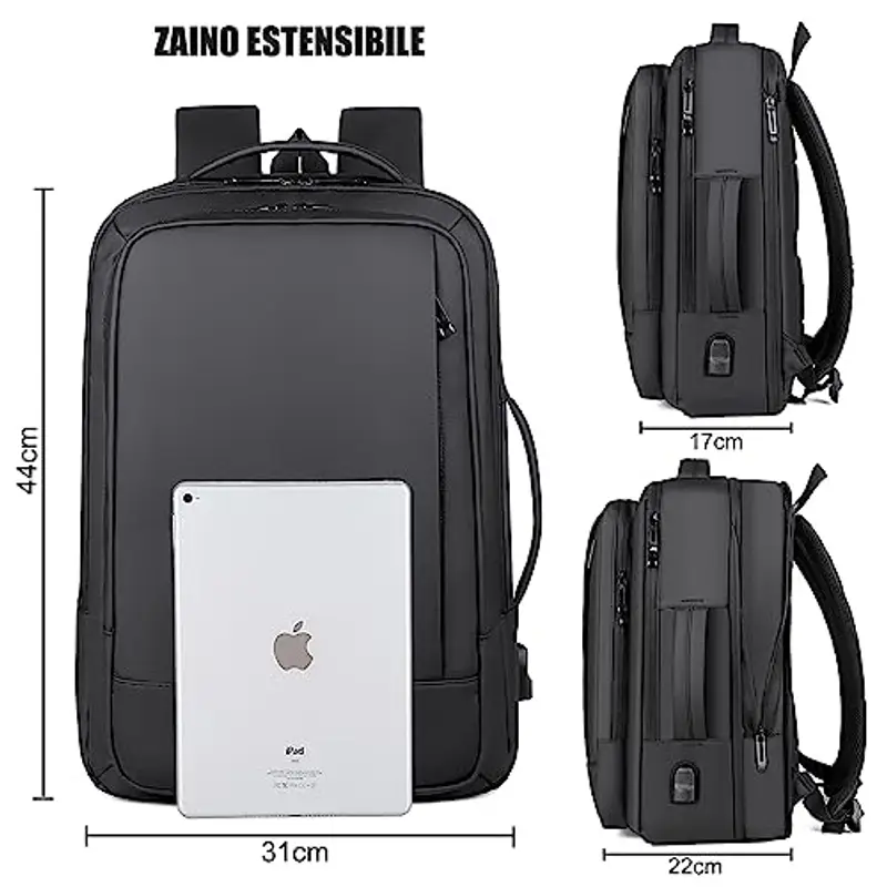 Kommodum - Zaino Porta PC da Uomo Viaggio Bagaglio a mano Estendibile Valigia Borsa Computer Portatile Custodia Notebook fino ai 15.6 pollici Con Ricarica USB per Lavoro Viaggio Scuola Nero KM3 miniatura 2