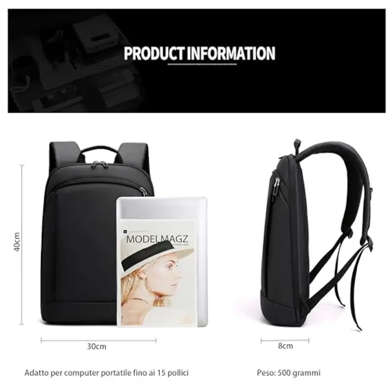 Kommodum - Zaino Porta PC Ultra Leggero Borsa per PC Portatile Custodia Computer Notebook Laptop in Membrana Impermeabile per Business Viaggio Lavoro Nero KM07 miniatura 2