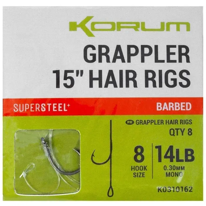 Gancio carnivoro Korum Grappler Hair Rigs 15 Barbed 8 (x8)