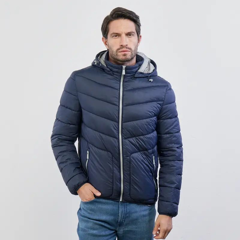 Piumino blu da uomo con zip e cappuccio