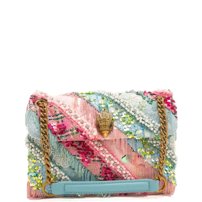 borsa a spalla da donna kensington con frange, pietre e paillettes all over celeste