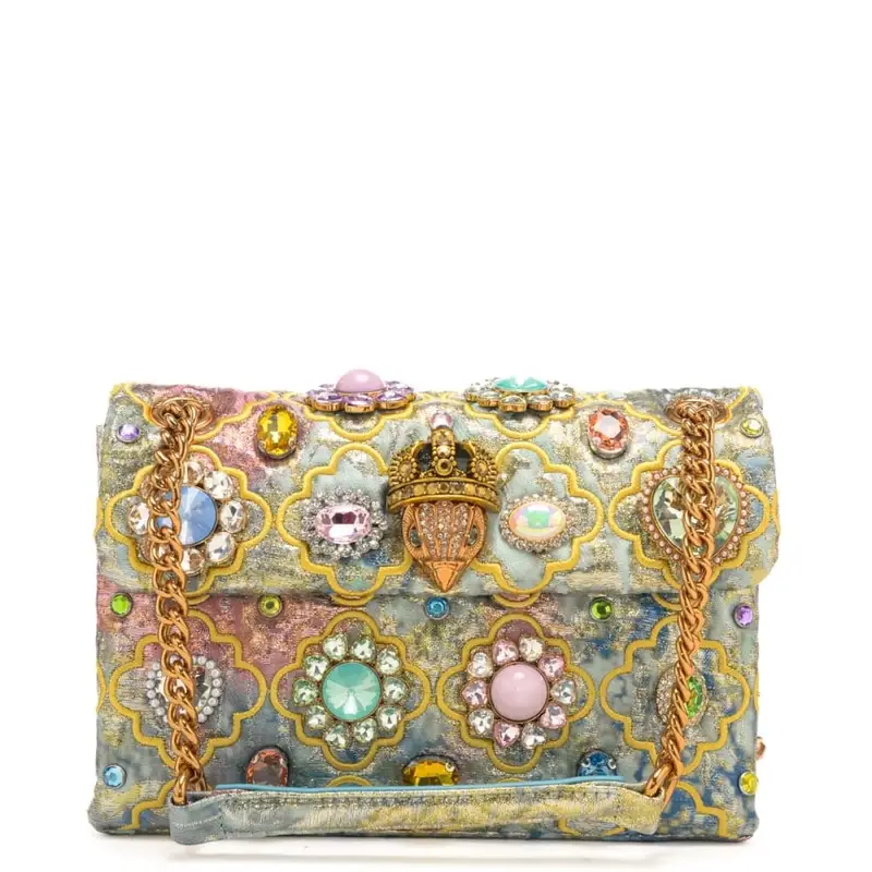 borsa a spalla da donna kensington in tessuto jacquard con pietre e cristalli all over multicolor