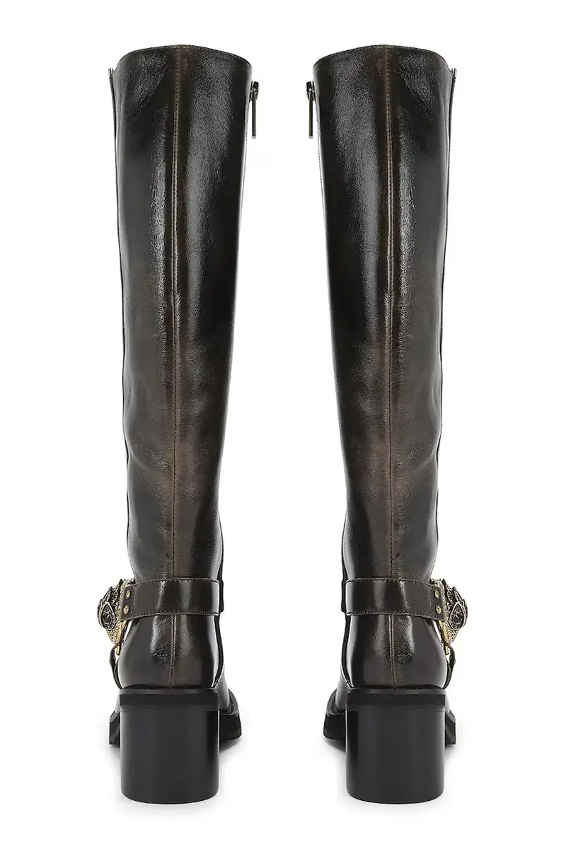 stivali in pelle Chelsea Mid Knee Biker Marrone miniatura 3