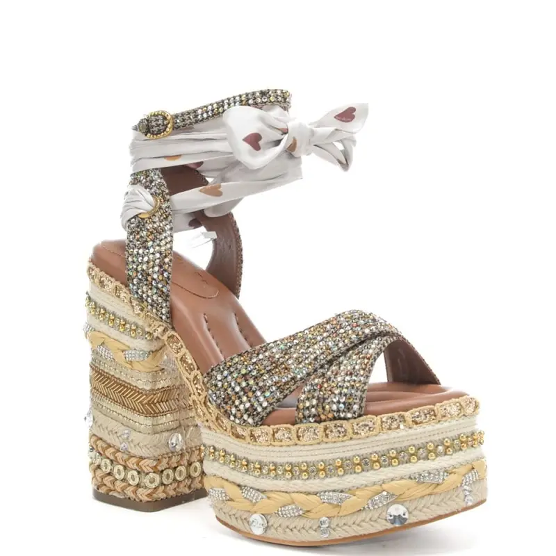 sandali alti da donna con inserti strass e dettagli in tessuto a contrasto beige miniatura 3