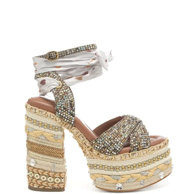 sandali alti da donna con inserti strass e dettagli in tessuto a contrasto beige