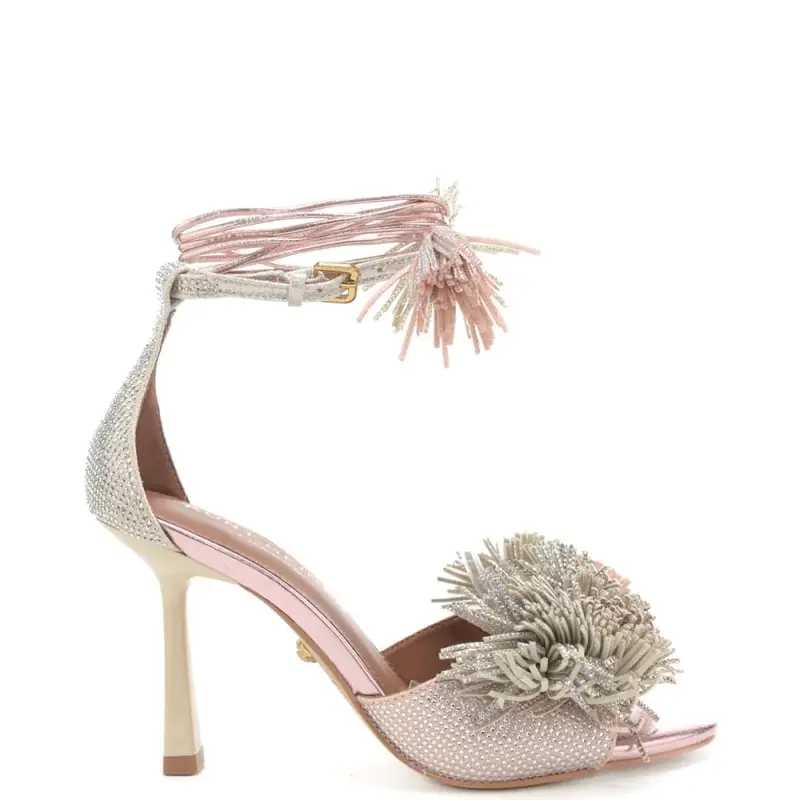 sandali alti da donna con micro strass all over e decorazioni con frange sulla parte frontale metallo