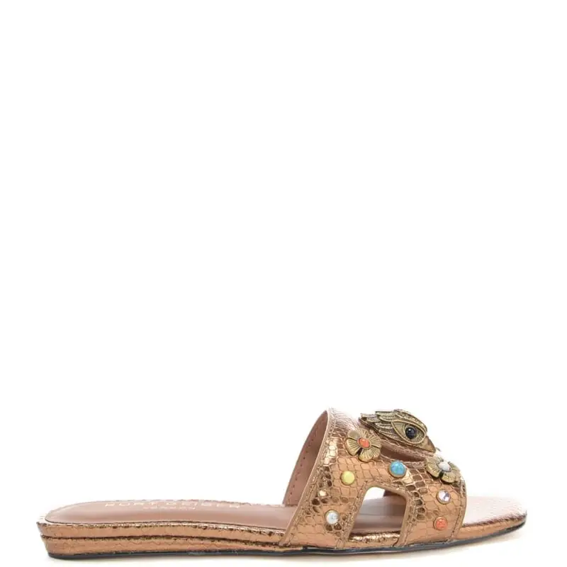 scarpe basse da donna in pelle laminata pitonata con decorazioni frontali bronzo