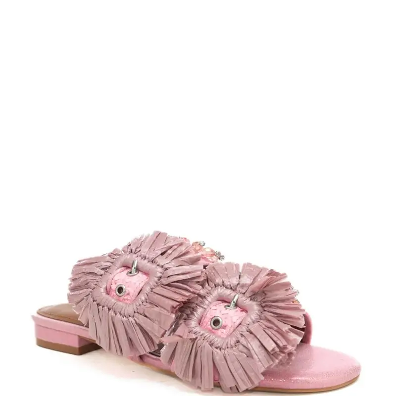 scarpe basse da donna in tessuto intrecciato con doppia fascia e maxi fibbie con frange rosa miniatura 2