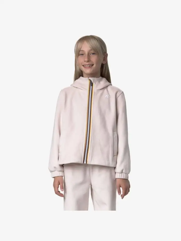 felpa con zip e cappuccio in pile color bianco panna/rosa