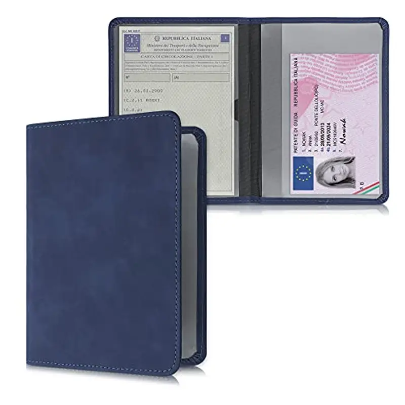kwmobile Custodia Pelle Nabuk per Libretto Circolazione Auto - Cover Portalibretto con Scomparti per Tessere Patente - Foderina Porta Documenti blu scuro