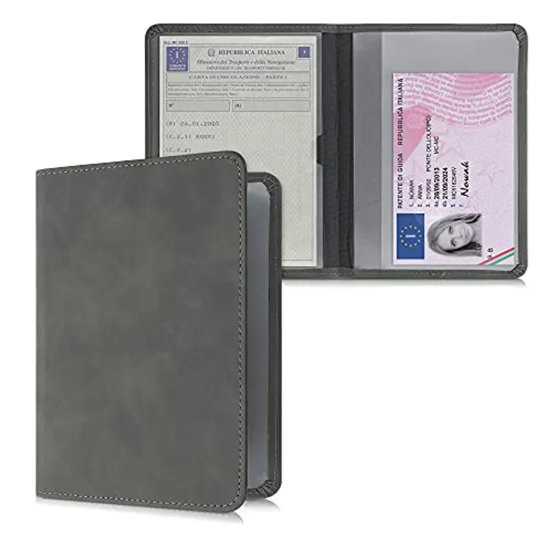 kwmobile Custodia Pelle Nabuk per Libretto Circolazione Auto - Cover Portalibretto con Scomparti per Tessere Patente - Foderina Porta Documenti grigio scuro