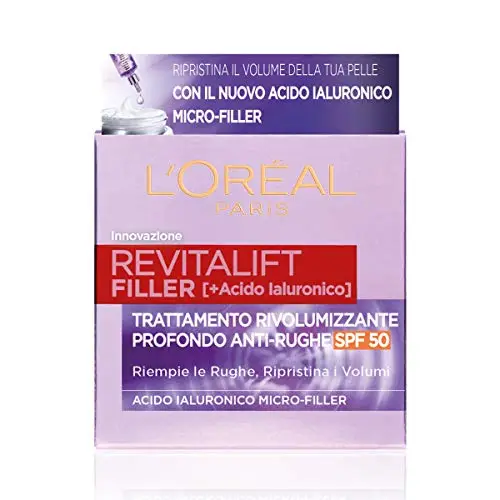 L'Oréal Paris Crema Viso Giorno Revitalift Filler, Azione Antirughe Rivolumizzante con Acido Ialuronico Micro