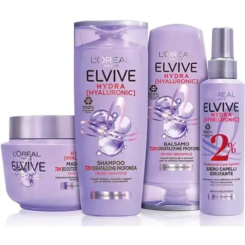 L'Oréal Paris Elvive Routine Completa Hydra Hyaluronic Kit Con Shampoo, Balsamo, Maschera e Siero Spray, Per Capelli