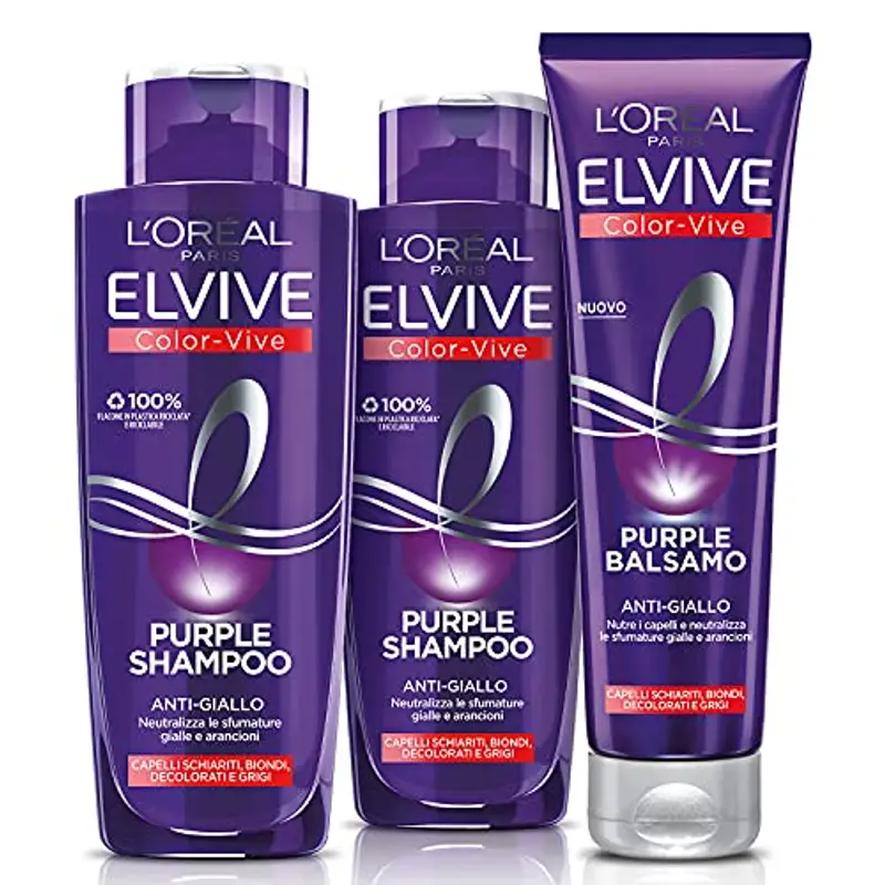 L'Oréal Paris Routine Completa Anti-giallo Elvive Purple, Kit con 2 Shampoo e 1 Balsamo, Azione Anti-giallo Per Capelli