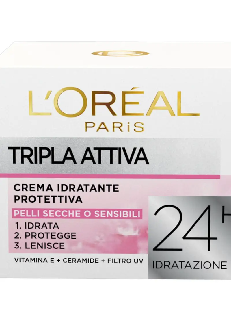 L'OREAL, L'oréal Paris Crema Idratante Viso Tripla Attiva, Idrata, Protegge E Lenisce La Pelle, Per Pelli Secche E Sensibili, 50 Ml., Donna, Bianco, Taglia: FASUL