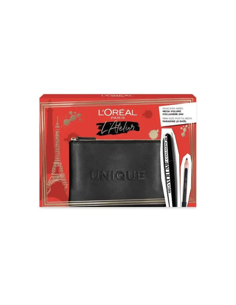 Set L'Oreal Paris L'Oreal Paris Kajal Eye Pencil nero 1,5 g + Mega Volume Collagene 24 ore Mascara impermeabile Mega nero 9 ml + Trousse in tessuto n