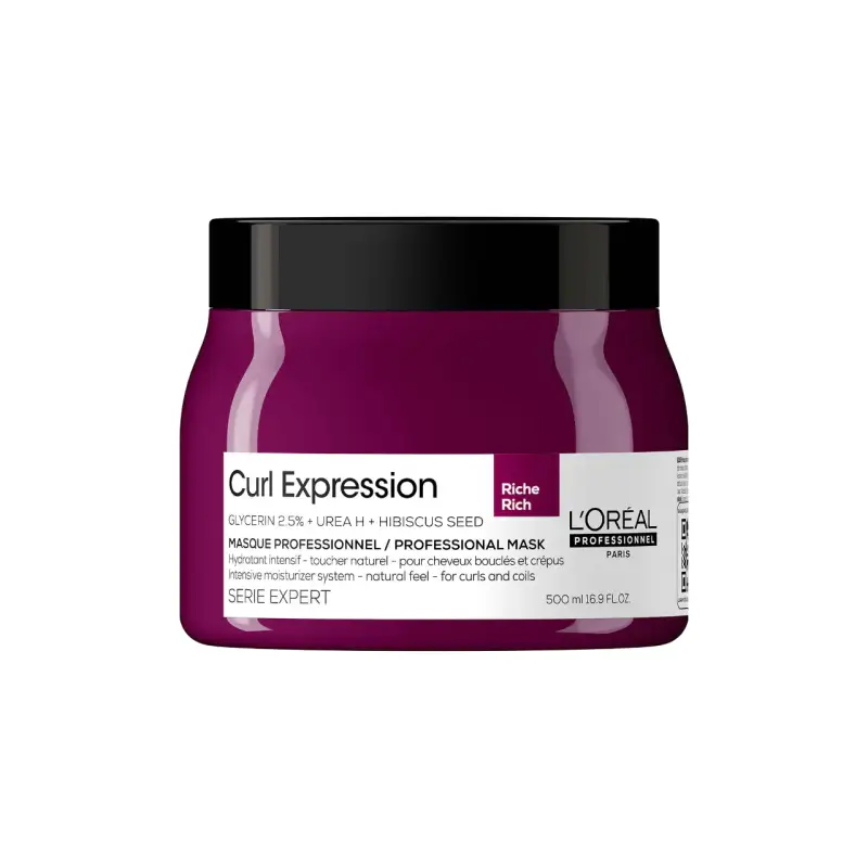L'Oreal Professionnel, Serie Expert Curl Expression Rich, Glicerina 2,5% + Urea H + Semi di Ibisco, Maschera in crema per il trattamento dei capelli