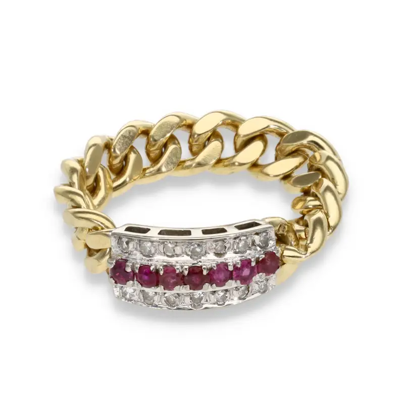 Anello maglia morbida oro giallo diamanti e rubini