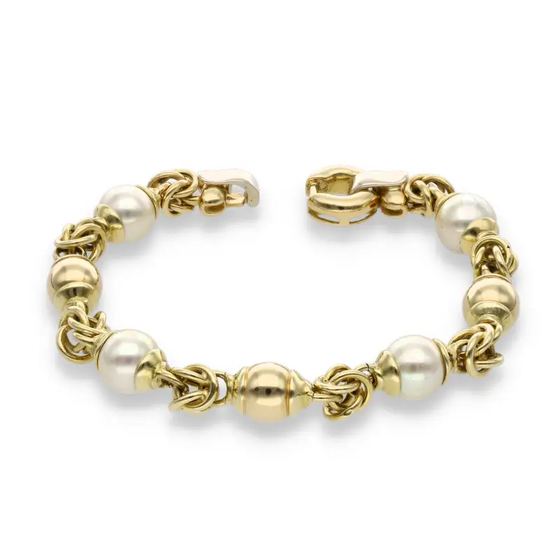 Bracciale in oro giallo 18kt maglia bizantina e perle