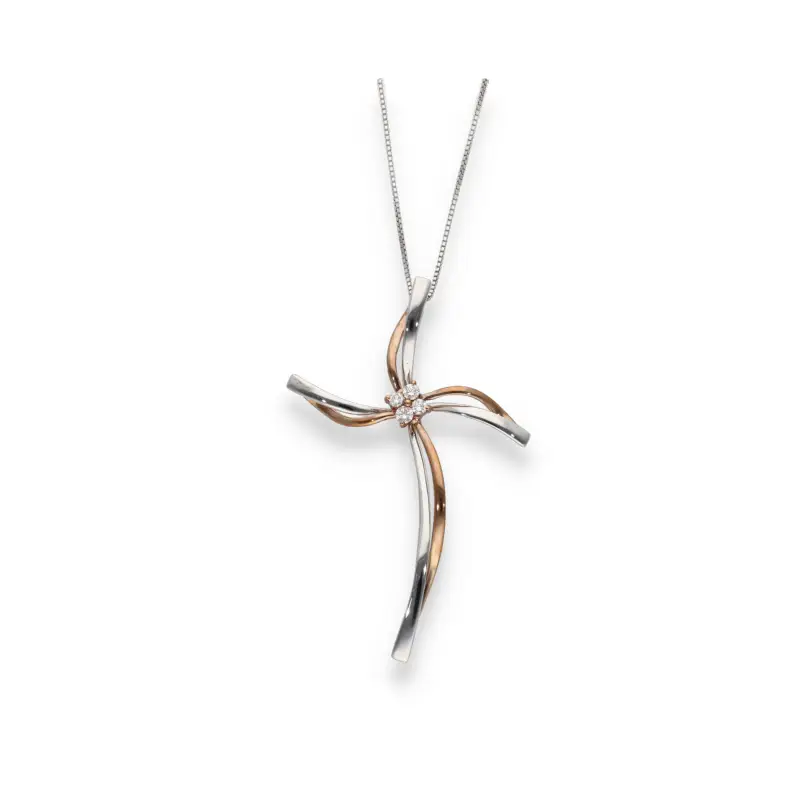 Catena in oro bianco 18kt con pendente a croce in oro rosa e bianco con diamanti