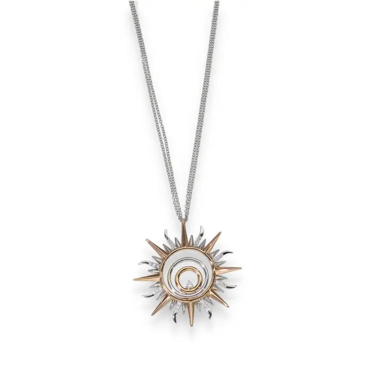 Collana con pendente sole in oro bianco rosa e zirconi