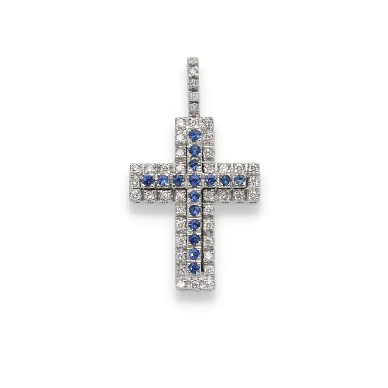 Croce in oro bianco con diamanti e zaffiri