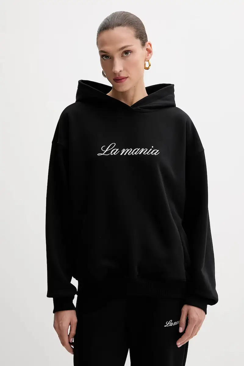 felpa donna colore nero con cappuccio con applicazione ROCKY