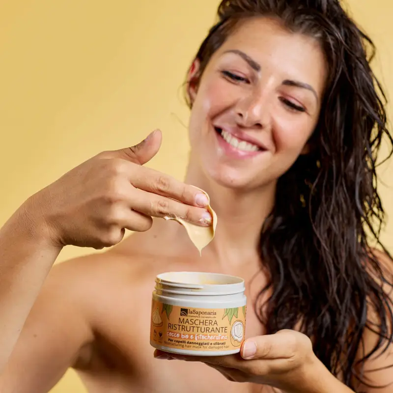 Capelli e Cute Maschera ristrutturante - Cocco Bio e Fitocheratina - Maschera capelli secchi, Maschera capelli rovinati, Capelli secchi, C miniatura 3