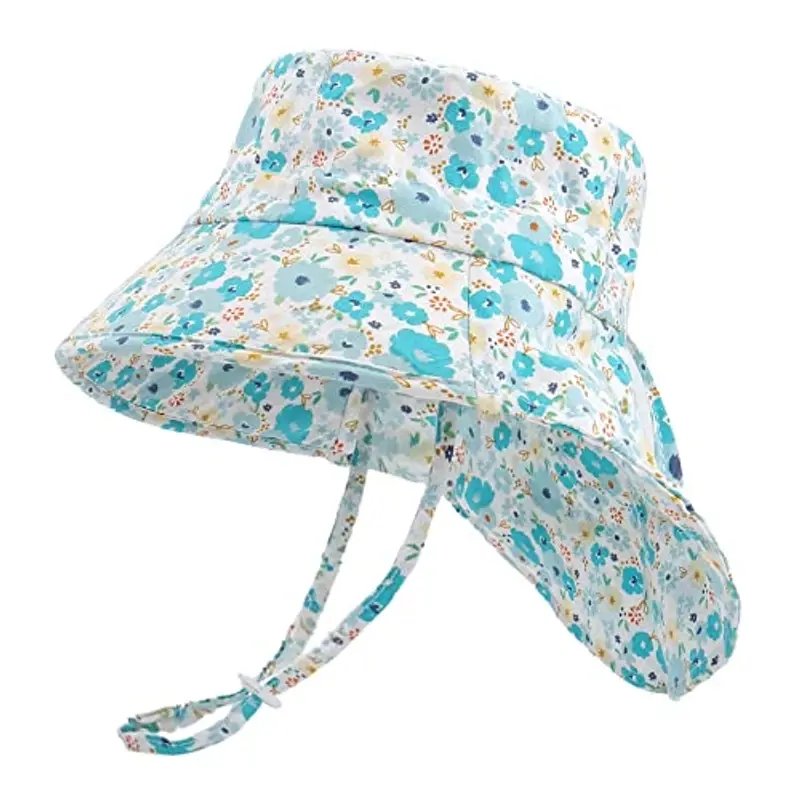 LACOFIA Cappello Estivo in Cotone Neonata Cappello da Sole Bambina Berretto UV Regolabile a Tesa Larga per Mare/Spiaggia/Piscina Fiore Blu Chiaro 2-5 Anni