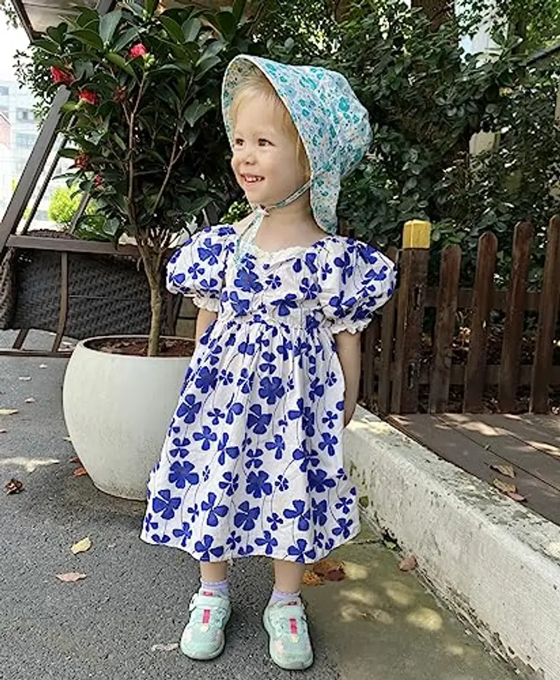 LACOFIA Cappello Estivo in Cotone Neonata Cappello da Sole Bambina Berretto UV Regolabile a Tesa Larga per Mare/Spiaggia/Piscina Fiore Blu Chiaro 2-5 Anni miniatura 2