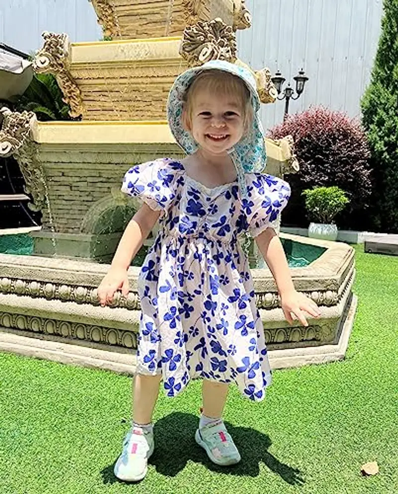 LACOFIA Cappello Estivo in Cotone Neonata Cappello da Sole Bambina Berretto UV Regolabile a Tesa Larga per Mare/Spiaggia/Piscina Fiore Blu Chiaro 6-18 Mesi miniatura 3