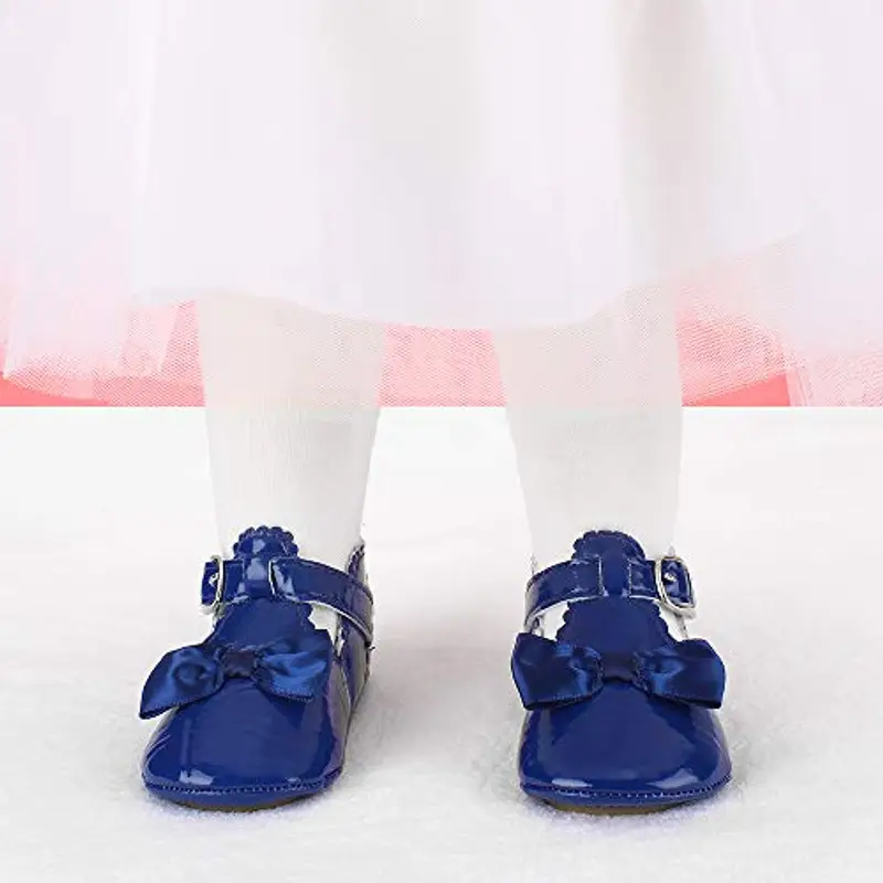 LACOFIA Scarpe da Primi Passi Bambina Scarpe da Battesimo Principessa Antiscivolo Bowknot della neonata Blu Scuro 6 miniatura 2