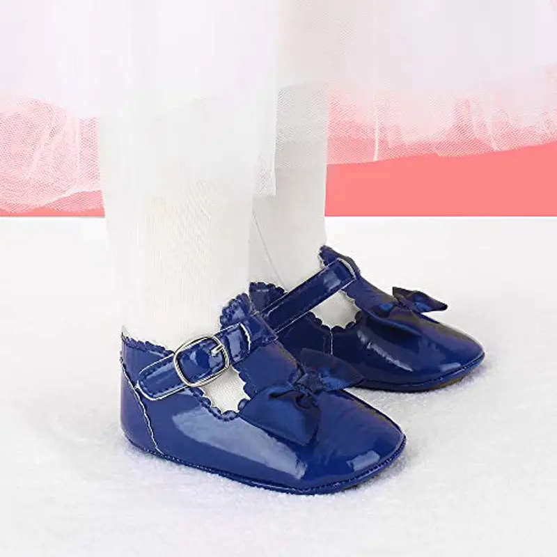 LACOFIA Scarpe da Primi Passi Bambina Scarpe da Battesimo Principessa Antiscivolo Bowknot della neonata Blu Scuro 6 miniatura 3