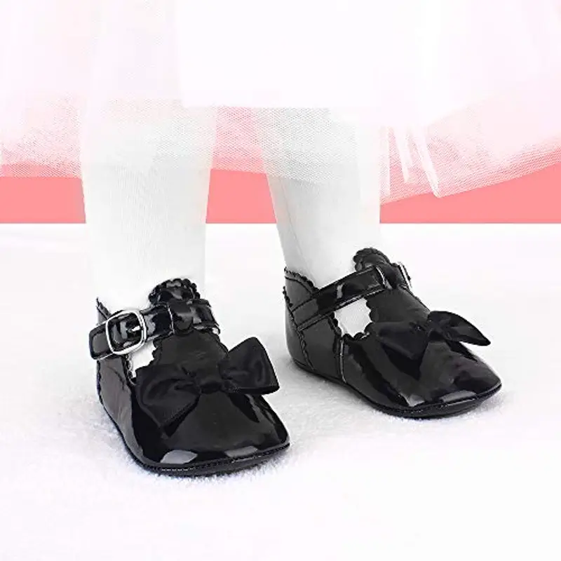 LACOFIA Scarpe da Primi Passi Bambina Scarpe da Battesimo Principessa Antiscivolo Bowknot della neonata Nero 6 miniatura 2
