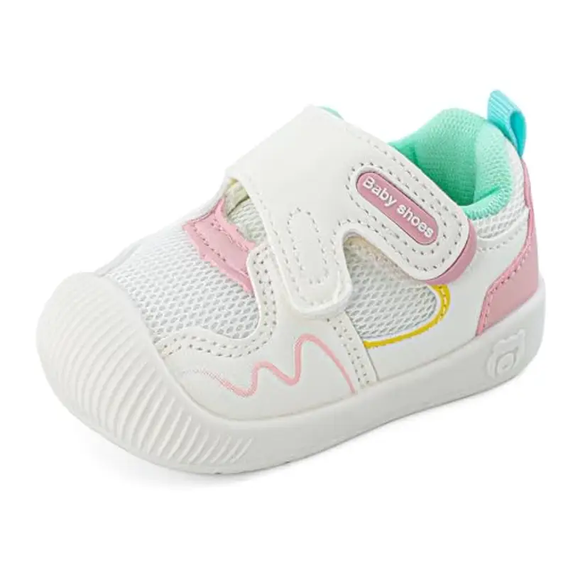 LACOFIA Scarpine Primi Passi Bambina Scarpe Ginnastica Neonato Sneakers Bimba con Suola Gomma Antiscivolo Bianco/Rosa
