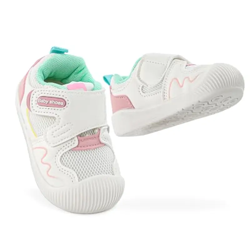 LACOFIA Scarpine Primi Passi Bambina Scarpe Ginnastica Neonato Sneakers Bimba con Suola Gomma Antiscivolo Bianco/Rosa miniatura 2