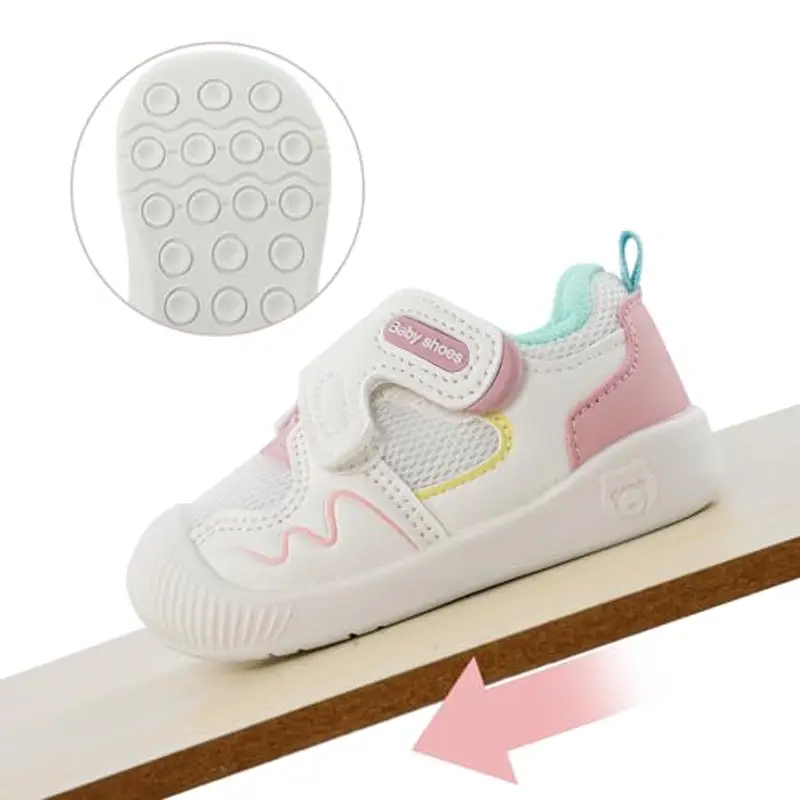 LACOFIA Scarpine Primi Passi Bambina Scarpe Ginnastica Neonato Sneakers Bimba con Suola Gomma Antiscivolo Bianco/Rosa miniatura 3