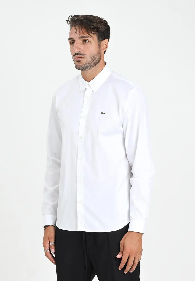 LACOSTE Camicia a manica lunga bianca da uomo con patch logo